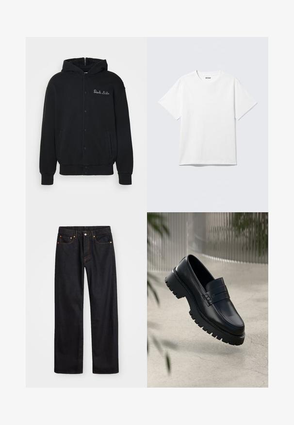 Sort hættejakke lavet af blødt stof, med trykknaplukning foran og sidelommer. Broderet "Dark Side" tekst på brystet.; Hvid kortærmet crewneck T-shirt lagt fladt ud, ensfarvet design, med "WEEKDAY" mærkat inde i kraven på en lys baggrund.; Mænds lige ben sorte denim jeans med fem lommer og orange syninger, knap- og lynlåslukning foran på taljen.; Sorte læder loafers med en chunky sål, der har en dekorativ rem og syninger. Glat tekstur med en poleret overflade.
