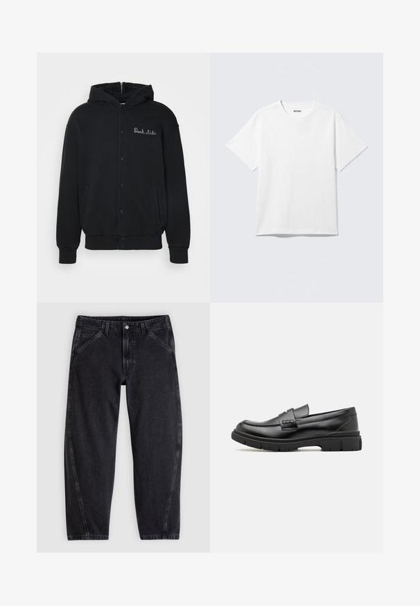 Sort hættejakke lavet af blødt stof, med trykknaplukning foran og sidelommer. Broderet "Dark Side" tekst på brystet.; Hvid kortærmet crewneck T-shirt lagt fladt ud, ensfarvet design, med "WEEKDAY" mærkat inde i kraven på en lys baggrund.; Sorte denimjeans med løs pasform, der har en standard-taljebånd, femlomme-design og kontrastsyning langs sømmene.; Sort læder loafersko med en bred rem over forfoden, gummisål med tykke mønstre og glat overflade. Klassisk, slankt design.