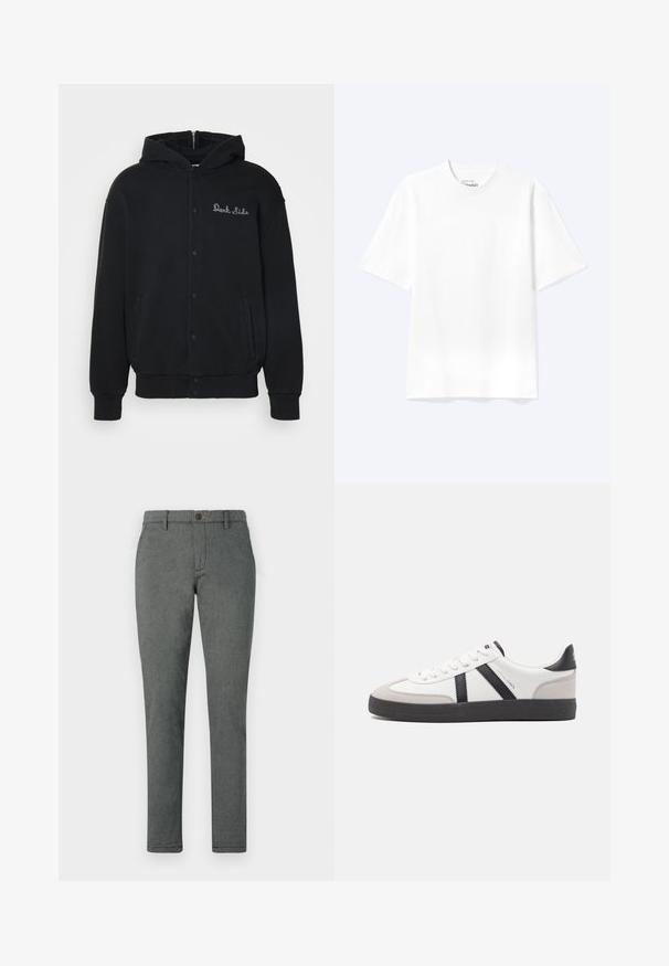Sudadera negra de tejido suave, con cierre de botones a presión en la parte delantera y bolsillos laterales. Texto bordado "Dark Side" en el pecho.; Camiseta lisa blanca de manga corta y cuello redondo con un corte relajado, mostrada sobre un fondo claro.; Pantalones grises hechos de una tela texturada, con un corte recto, cierre de botón y trabillas para cinturón. Color uniforme sin patrones visibles.; Zapatilla blanca con acentos en negro y gris, que presenta una puntera texturizada en gris, suela de goma negra y cordones planos blancos. Diseño limpio, estilo minimalista.