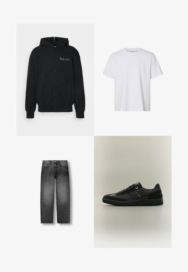 Sudadera negra de tejido suave, con cierre de botones a presión en la parte delantera y bolsillos laterales. Texto bordado "Dark Side" en el pecho.; Camiseta blanca lisa de manga corta con cuello redondo, ajuste regular y textura de tela suave, presentada sobre un fondo blanco.; Vaqueros de mezclilla negros descoloridos de pierna recta con botón frontal, cremallera y diseño de cinco bolsillos, exhibidos planos sobre un fondo blanco.; Zapatilla deportiva negra de corte bajo con cordones en la parte delantera, suela texturizada y logotipo "Jack & Jones" en el lateral, sobre un fondo liso.