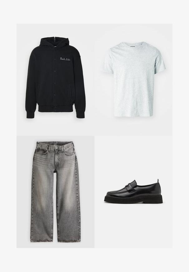 Sort hættejakke lavet af blødt stof, med trykknaplukning foran og sidelommer. Broderet "Dark Side" tekst på brystet.; Lys grå, kortærmet t-shirt lavet af blødt stof, med en rund hals og en let afslappet pasform. Ingen synlige mønstre eller grafik.; Vidbenede jeans i falmet sort denim, med høj talje, fem lommer og diskrete syningsdetaljer langs sømmene.; Sorte læder loafersko i stil med flad, tekstureret sål, med en syet tå og en rem over vristen.