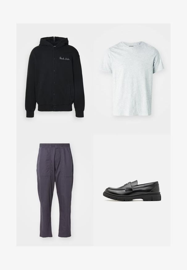 Sort hættejakke lavet af blødt stof, med trykknaplukning foran og sidelommer. Broderet "Dark Side" tekst på brystet.; Lys grå, kortærmet t-shirt lavet af blødt stof, med en rund hals og en let afslappet pasform. Ingen synlige mønstre eller grafik.; Mørkegrå, letvægtsbukser med elastisk talje, to frontlommer, lige ben-design og en glat tekstur.; Sort læder loafersko med en bred rem over forfoden, gummisål med tykke mønstre og glat overflade. Klassisk, slankt design.