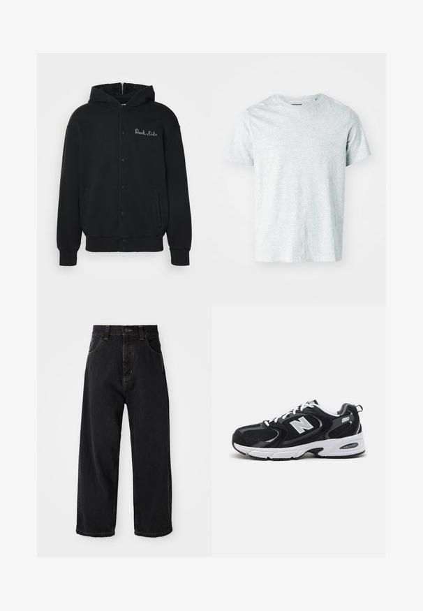 Sort hættejakke lavet af blødt stof, med trykknaplukning foran og sidelommer. Broderet "Dark Side" tekst på brystet.; Lys grå, kortærmet t-shirt lavet af blødt stof, med en rund hals og en let afslappet pasform. Ingen synlige mønstre eller grafik.; Sorte denim jeans med vide ben og høj talje, frontknap, lynlås samt gule syninger på lommer og sømme.; Sorte og grå sportssko med mesh og ruskind på overdelen, der har en hvid mellemsål, snørebånd og et iøjnefaldende "N" logo på siden.