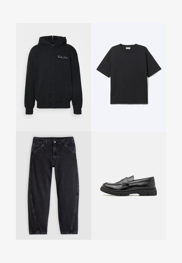 Sudadera negra de tejido suave, con cierre de botones a presión en la parte delantera y bolsillos laterales. Texto bordado "Dark Side" en el pecho.; Camiseta negra de manga corta con cuello redondo, ajuste relajado, vista frontal, diseño sencillo y etiqueta visible de la marca Weekday en el interior del cuello.; Vaqueros de mezclilla negra con un corte holgado, con cinturilla estándar, diseño de cinco bolsillos y costuras en contraste a lo largo de las costuras.; Mocasin de cuero negro con una cinta ancha en el empeine, suela de goma con tacos gruesos y textura suave. Diseño clásico y elegante.