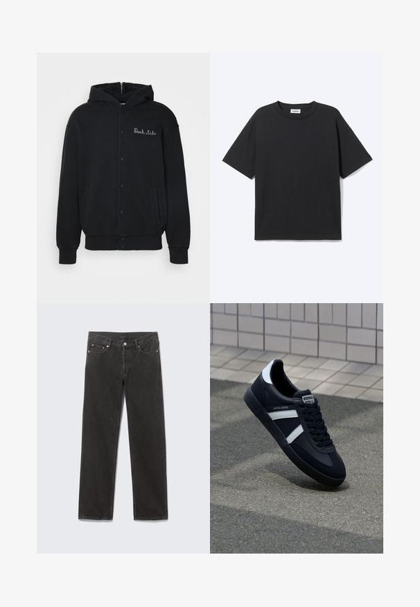 Sudadera negra de tejido suave, con cierre de botones a presión en la parte delantera y bolsillos laterales. Texto bordado "Dark Side" en el pecho.; Camiseta negra de manga corta con cuello redondo, ajuste relajado, vista frontal, diseño sencillo y etiqueta visible de la marca Weekday en el interior del cuello.; Vaqueros de mezclilla negros de pierna recta con bolsillos frontales, trabillas para cinturón y cierre de botón, colocados planos sobre un fondo gris.; Zapatilla de cuero negra con rayas blancas, suela de goma texturizada y parte frontal con cordones. Cuenta con una etiqueta de marca en la lengüeta.