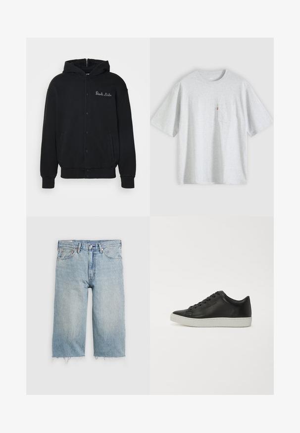 Zwarte hoodie van zacht materiaal, met een voorste drukknoopsluiting en zijzakken. Geborduurde tekst "Dark Side" op de borst.; Lichtgrijs T-shirt met korte mouwen, een ronde hals en een klein borstzakje aan de linkerkant met een rode label.; Lichtblauwe spijkerbroekshorts met een rechte snit, rafelige zoom, vijf-pocket ontwerp en een knoopsluiting in de taille.; Zwarte leren sneakers met een ronde neus, een platte witte rubberen zool en een vetersluiting met zes oogjes. Gladde textuur, minimalistische stijl.