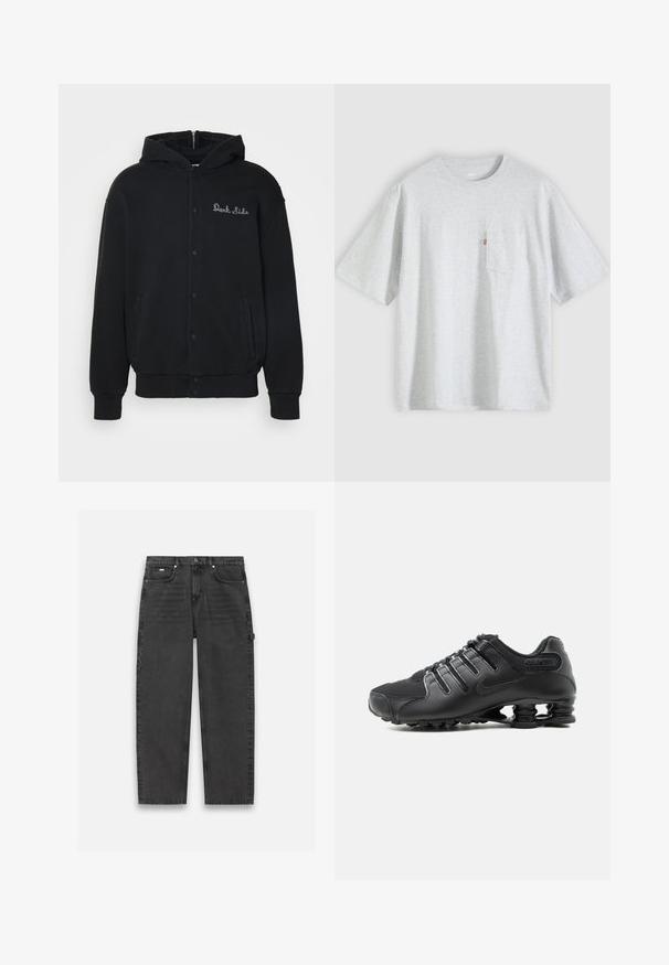Sudadera negra de tejido suave, con cierre de botones a presión en la parte delantera y bolsillos laterales. Texto bordado "Dark Side" en el pecho.; Camiseta de manga corta color gris claro con cuello redondo y un pequeño bolsillo en el pecho en el lado izquierdo con una etiqueta roja.; Pantalones de mezclilla gris oscuro con un diseño de pierna recta, estilo de cinco bolsillos y cierre visible de botón y cremallera. Presenta un detalle mínimo.; Zapatilla deportiva negra con parte superior texturizada, cierre de cordones y distintivo soporte de suela tipo resorte visible sobre un fondo blanco.