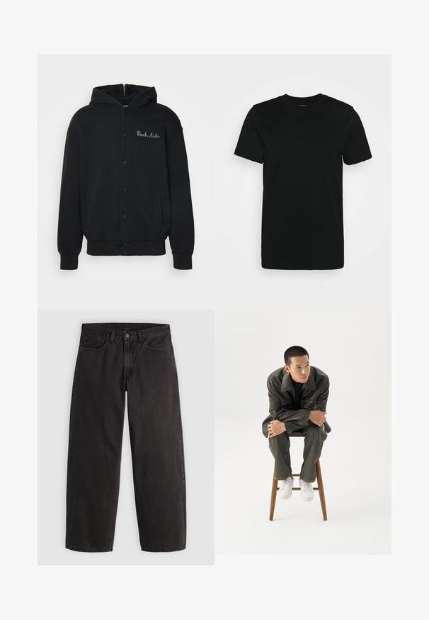 Sort hættejakke lavet af blødt stof, med trykknaplukning foran og sidelommer. Broderet "Dark Side" tekst på brystet.; Sort kortærmet T-shirt lavet af glat bomuldsstoff, med rund halsudskæring og et enkelt design uden mønstre eller accenter.; Sorte denimjeans med lige ben, fem lommer og bæltestropper, vist fladt på en ensartet lys baggrund.; Ung mand i mørk læderjakke og jeans sidder på en træskammel, læner sig fremad med armene krydset og kigger til siden mod hvid baggrund.