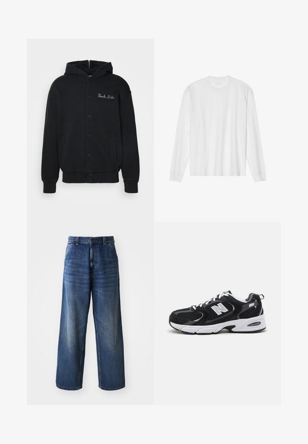 Sudadera negra de tejido suave, con cierre de botones a presión en la parte delantera y bolsillos laterales. Texto bordado "Dark Side" en el pecho.; Camiseta blanca de algodón de manga larga con cuello redondo, con puños acanalados y dobladillo recto, textura suave y diseño minimalista.; Jeans de mezclilla azul de cintura alta con un diseño de pierna ancha, que presentan un ligero desvanecimiento, bolsillos delanteros y un cierre de botón en la cintura.; Zapatillas deportivas en negro y gris con parte superior de malla y ante, que cuentan con una entresuela blanca, cordones y un llamativo logo "N" en el lateral.