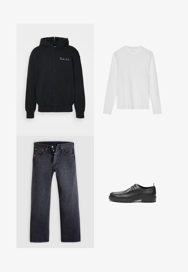 Sudadera negra de tejido suave, con cierre de botones a presión en la parte delantera y bolsillos laterales. Texto bordado "Dark Side" en el pecho.; Camiseta blanca de manga larga hecha de algodón suave, con cuello redondo y una textura lisa sin patrones ni detalles visibles.; Jeans vaqueros negros de corte recto, diseño de cinco bolsillos y detalles de botones de cobre. Textura suave con un acabado ligeramente desgastado.; Zapatos de cuero negro con un acabado suave, punta redondeada y costuras decorativas. Cuenta con una suela de goma con surcos para tracción y un diseño de cordones.