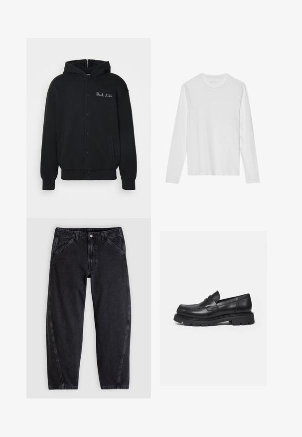 Sort hættejakke lavet af blødt stof, med trykknaplukning foran og sidelommer. Broderet "Dark Side" tekst på brystet.; Langærmet hvid T-shirt lavet af blød bomuld, med rund halsudskæring og en glat tekstur uden synlige mønstre eller accenter.; Sorte denimjeans med løs pasform, der har en standard-taljebånd, femlomme-design og kontrastsyning langs sømmene.; Sort læderloafer med tyk rillede sål og penny-remdetalje, vist i højre sideprofil på hvid baggrund.