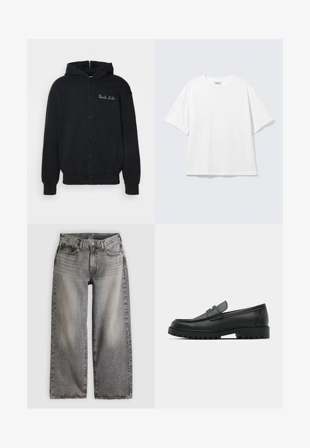 Sudadera negra de tejido suave, con cierre de botones a presión en la parte delantera y bolsillos laterales. Texto bordado "Dark Side" en el pecho.; Camiseta blanca de gran tamaño con mangas cortas, cuello redondo y hombros caídos, plana sobre fondo gris claro.; Vaqueros de pierna ancha en denim negro descolorido, con cintura alta, cinco bolsillos y un detalle sutil de costuras a lo largo de las costuras.; Mocasines de cuero negro con punta redonda, que cuentan con un diseño cosido, suela de plataforma baja y una suela de goma texturada y con tacos.