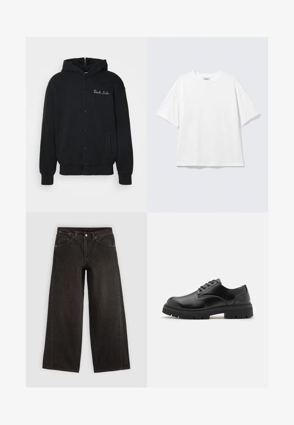 Sort hættejakke lavet af blødt stof, med trykknaplukning foran og sidelommer. Broderet "Dark Side" tekst på brystet.; Hvid oversized t-shirt med korte ærmer og rund halsudskæring med sænkede skuldre, fladt lagt på lys grå baggrund.; Sorte vidbenede denimjeans med forlommer, knaplukning og bæltestropper, vist fladt på en lys baggrund.; Sorte lædersko med rund tå, snørelukning og en tykk, struktureret gummisål. Har syninger langs kanten og en glat overflade.