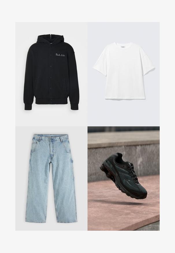 Sort hættejakke lavet af blødt stof, med trykknaplukning foran og sidelommer. Broderet "Dark Side" tekst på brystet.; Hvid oversized t-shirt med korte ærmer og rund halsudskæring med sænkede skuldre, fladt lagt på lys grå baggrund.; Lyseblå straight-leg denim jeans med forlommer, bæltestropper, knaplukning og en sidelomme til værktøj.; Sort atletisk sneaker med synligt luftdæmpende mellemsål, der svæver over en pink stenoverflade med en grå stenvæg i baggrunden.