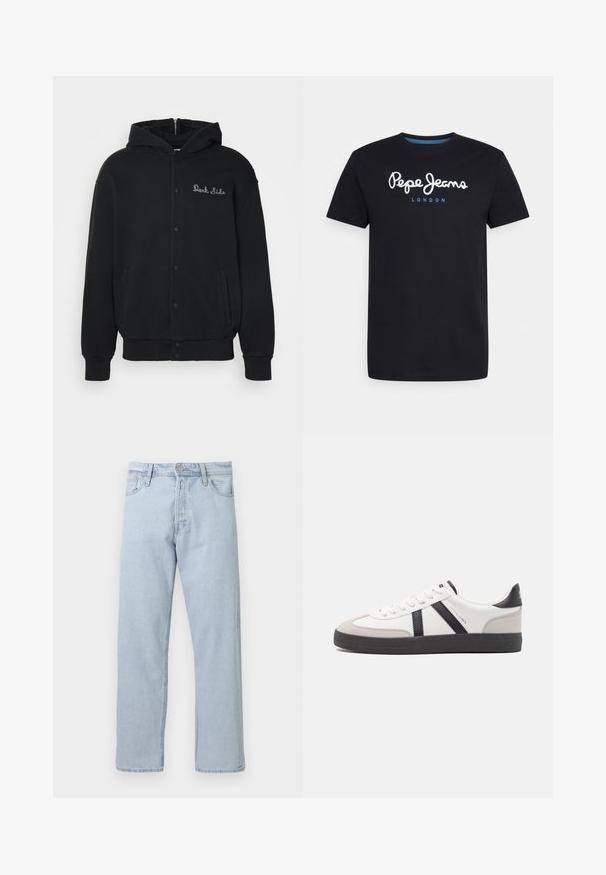 Sort hættejakke lavet af blødt stof, med trykknaplukning foran og sidelommer. Broderet "Dark Side" tekst på brystet.; Sort bomulds T-shirt med et hvidt skriftskriftlogo "Pepe Jeans" med en blå accent, rund hals og korte ærmer. Enkel, ensfarvet design.; Lyseblå jeans med lige ben, med knap- og lynlåslukning foran, bæltestropper og forlommer på hvid baggrund.; Hvide sneakers med sorte og grå detaljer, med en tekstureret grå tåhætte, sort gummisål og flade hvide snørebånd. Rent design, minimalistisk stil.