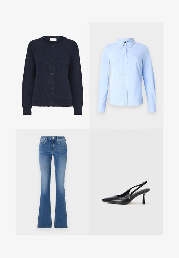 Cardigan en maille bleu marine avec manches longues et cinq boutons noirs sur le devant, avec un col rond.; Chemise bleu clair à manches longues avec fines rayures blanches et col pointu, présentée sur un fond uni.; Jeans taille haute en denim bleu avec poches avant, fermeture à bouton et à glissière, et jambes évasées.; Chaussure à talon haut en cuir noir, à bride arrière, avec un bout pointu et un talon fin sur fond blanc.