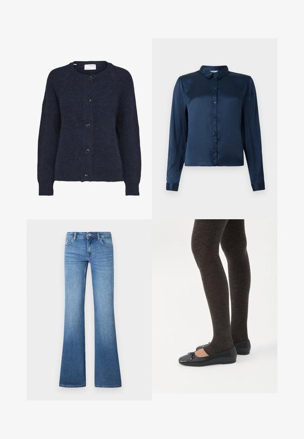 Cárdigan de punto azul marino con mangas largas y cinco botones negros en la parte delantera, con cuello redondo.; Camisa de manga larga azul marino hecha de satén suave, con cuello tipo polo y cierre frontal de botones. Diseño simple, sin patrones ni adornos.; Vaqueros acampanados de mezclilla en azul claro. Presentan un diseño de cinco bolsillos, cierre con botón de metal y un sutil desgaste cerca de las rodillas.; Piernas con leggings oscuros acanalados combinados con bailarinas negras que presentan pequeños detalles de lazo sobre un fondo blanco.