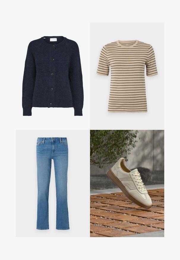 Cardigan en maille bleu marine avec manches longues et cinq boutons noirs sur le devant, avec un col rond.; T-shirt beige à manches courtes avec des rayures horizontales noires. Présente un col rond et une texture douce et lisse.; Jean en denim bleu clair avec une coupe droite, design à cinq poches et fermeture à bouton. Texture douce avec de subtils effets de délavage.; Baskets couleur crème avec une semelle extérieure en caoutchouc beige texturée, un design à lacets et un marquage subtil sur le côté. Tige en cuir lisse.