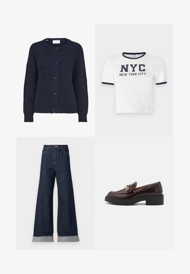 Cárdigan de punto azul marino con mangas largas y cinco botones negros en la parte delantera, con cuello redondo.; Camiseta blanca de manga corta con acentos en azul marino en el cuello y las mangas. Presenta un texto impreso en negrita: "NYC NUEVA YORK".; Jeans de mezclilla oscuros de pierna ancha con costuras naranjas, con una cintura alta, dos bolsillos delanteros y puños enrollados que muestran una tela de contraste en azul claro.; Mocasín de cuero marrón con una hebilla de acento dorado, tacón negro de bloque y una textura suave. La vista lateral muestra la punta redondeada y el detalle de costura.