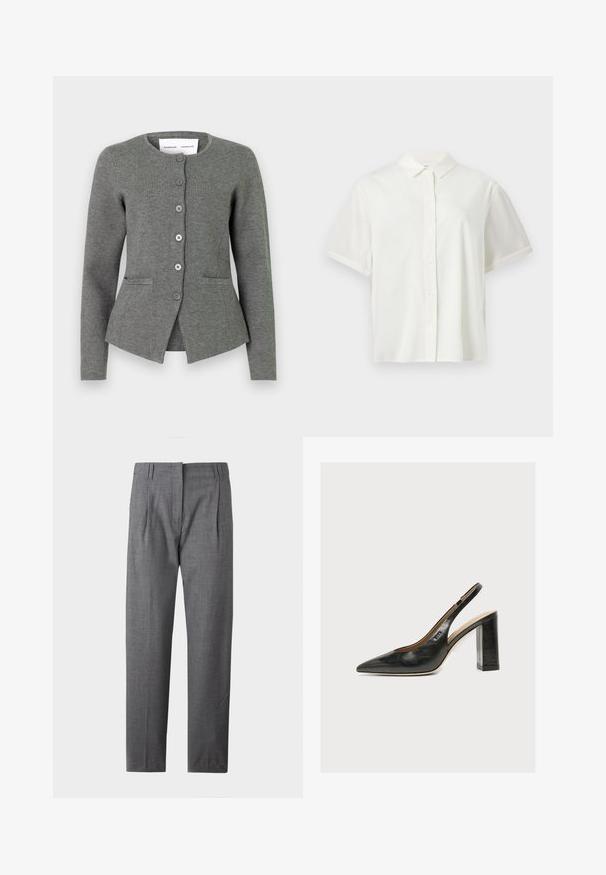 Cardigan en tricot gris avec un col rond, fermeture à boutons sur le devant, deux poches latérales et une coupe ajustée.; Chemise blanche à manches courtes avec boutons et col, présentée à plat sur un fond blanc uni.; Pantalon gris à coupe droite avec passants de ceinture, plis avant et fermeture avant dissimulée.; Chaussure slingback femme en cuir noir avec bout pointu et talon bloc épais et haut sur fond blanc.