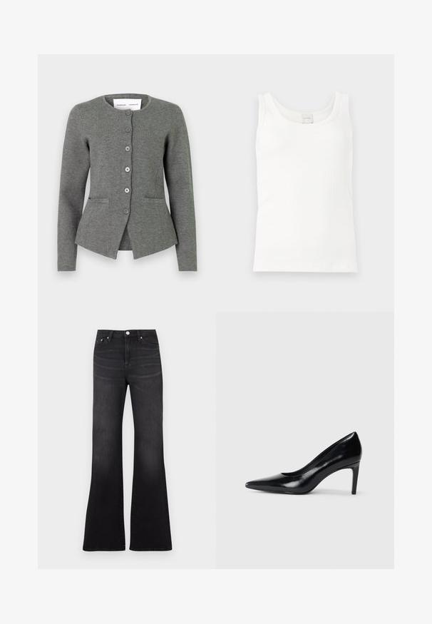 Cardigan en tricot gris avec un col rond, fermeture à boutons sur le devant, deux poches latérales et une coupe ajustée.; Débardeur blanc côtelé sans manches avec encolure arrondie et étiquette Calvin Klein au dos du col.; Jean flare noir en tissu denim, avec une taille haute, un design cinq poches, et une légère décoloration vers l'ourlet des jambes.; Chaussure à talon haut en cuir noir avec un bout pointu, texture lisse et un talon effilé. Design minimaliste, sans embellissements supplémentaires.