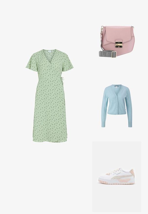 Cardigan bleu clair en matériau doux, avec un col en V, fermeture à boutons, poignets côtelés et une coupe courte.; Robe portefeuille courte à manches courtes vert clair avec un petit motif floral noir et un détail noué sur le côté.; Baskets blanches avec accents roses. Tige lisse en synthétique, bande latérale texturée, bout rond, semelle en caoutchouc plate et fermeture à lacets.; Sac à bandoulière en cuir rose avec un rabat, quincaillerie argentée, et une bandoulière grise arborant le nom de la marque. Texture lisse, design minimaliste.