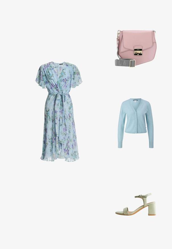 Cardigan bleu clair en matériau doux, avec un col en V, fermeture à boutons, poignets côtelés et une coupe courte.; Robe portefeuille fleurie bleu clair avec manches volantes et ceinture à la taille, caractérisée par un design fluide de longueur midi.; Sandale vert clair à bout ouvert avec talon épais, bride à la cheville et fermeture à boucle, vue de profil sur fond blanc.; Sac à bandoulière en cuir rose avec un rabat, quincaillerie argentée, et une bandoulière grise arborant le nom de la marque. Texture lisse, design minimaliste.