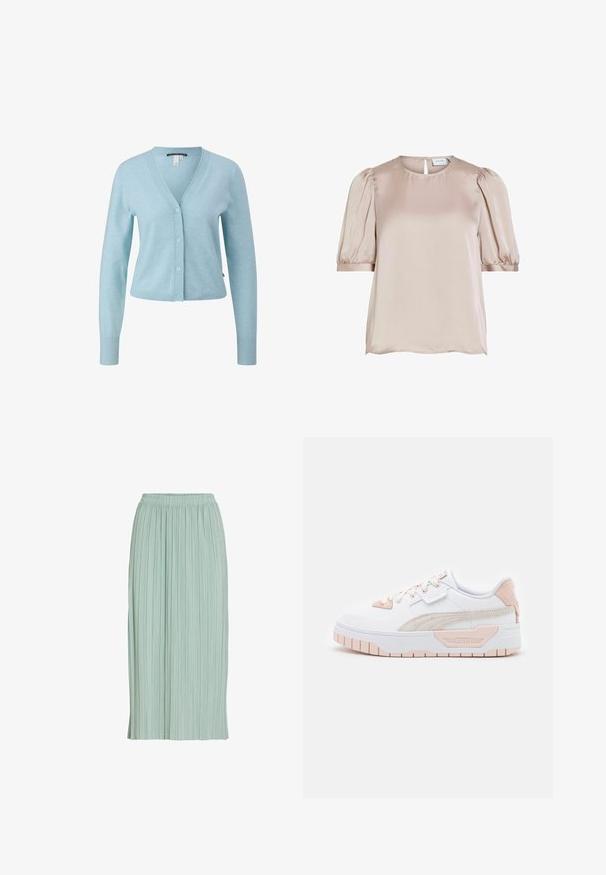 Cardigan bleu clair en matériau doux, avec un col en V, fermeture à boutons, poignets côtelés et une coupe courte.; Blouse en satin rose clair avec manches courtes bouffantes, col rond et fermeture par bouton à l'arrière avec une ouverture en forme de goutte.; Jupe midi plissée vert clair avec taille élastique, coupe droite et tissu léger.; Baskets blanches avec accents roses. Tige lisse en synthétique, bande latérale texturée, bout rond, semelle en caoutchouc plate et fermeture à lacets.