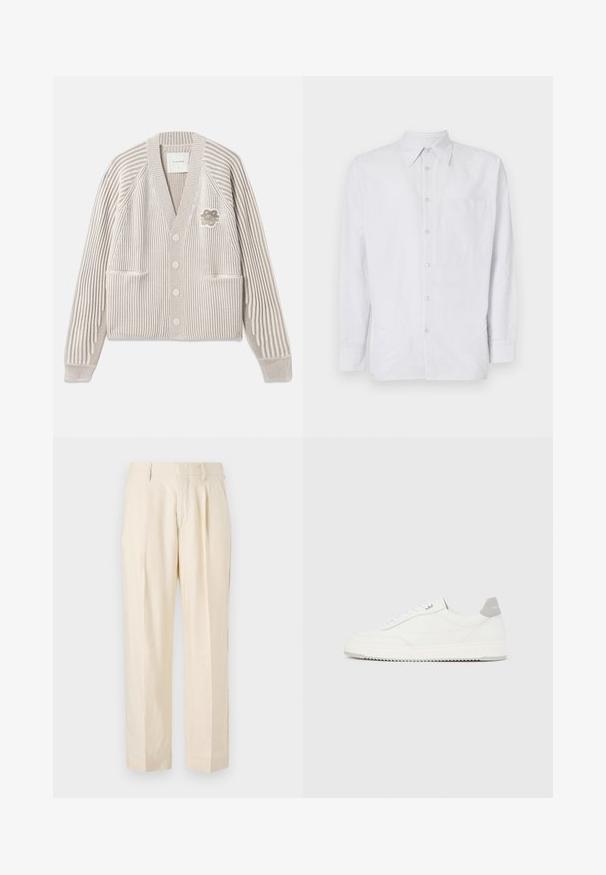 Beige og hvid stribet strikcardigan med lange ærmer, frontknapper, to lommer og en lille blomsterapplikation på brystet.; Stribet button-up skjorte lavet af letvægtsstof, med en brystlomme, lange ærmer og krave i lyseblå og hvide nuancer.; NN.07 KAY - Bukser - off white; Hvid lavtop-sneaker med gråt hælflig, hvide snørebånd og tekstureret sål, vist på en ensfarvet lys baggrund.
