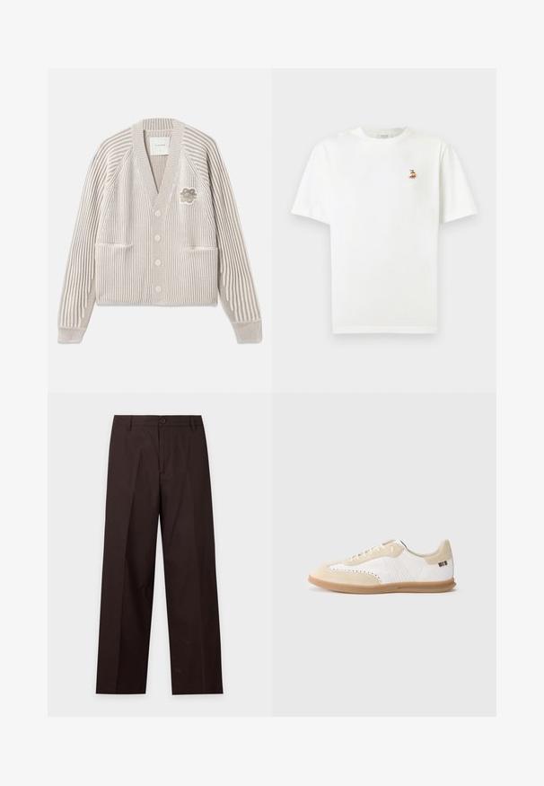 Cardigan en tricot rayé beige et blanc avec des manches longues, des boutons sur le devant, deux poches et une petite patch fleur sur la poitrine.; T-shirt blanc à manches courtes avec un petit logo de renard brodé sur le côté gauche de la poitrine et un col rond.; Pantalon droit marron foncé avec passants de ceinture, fermeture par bouton et pli sur le devant, présenté sur fond blanc.; Baskets blanches avec accents en daim beige clair, détails perforés, lacets plats et semelle en caoutchouc naturel. Présentent un logo rayé sur le talon.