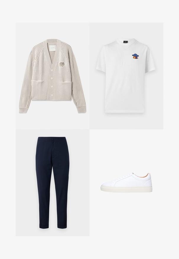Beige en wit gestreepte gebreide cardigan met lange mouwen, knopen aan de voorkant, twee zakken en een kleine bloemenpatch op de borst.; Wit T-shirt met korte mouwen met een kleine blauwe UFO-afbeelding en regenboogstralen op het linkerborstgebied.; Marineblauwe op maat gemaakte broeken van lichtgewicht stof, met een soepele textuur, slim fit en omslagzoom voor een nette afwerking.; Witte leren laagmodel sneaker met witte veters en dikke off-white rubberen zool, zijaanzicht op een witte achtergrond.