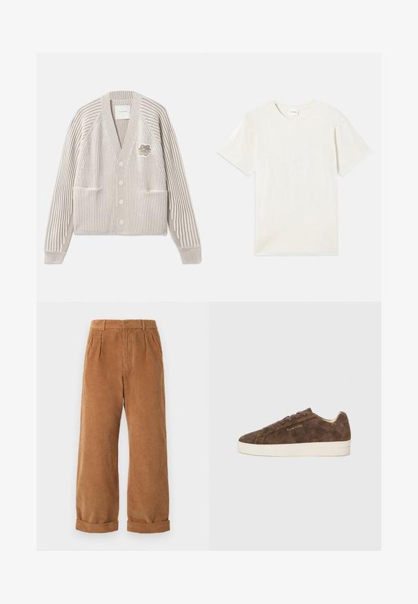 Beige og hvid stribet strikcardigan med lange ærmer, frontknapper, to lommer og en lille blomsterapplikation på brystet.; Korte ærmer, crew neck t-shirt i lys beige, blødt bomuldsstof med en afslappet pasform og uden synlige mønstre eller accenter.; Brune kordfløjspants med bred ben-design, der har frontfolder og opfoldede kanter. Stoffet har et tekstureret, ribbet udseende.; Brune ruskinds sneakers med lav profil, rund tå og hvid gummisål. Har mørke snørebånd og diskret branding på siden.