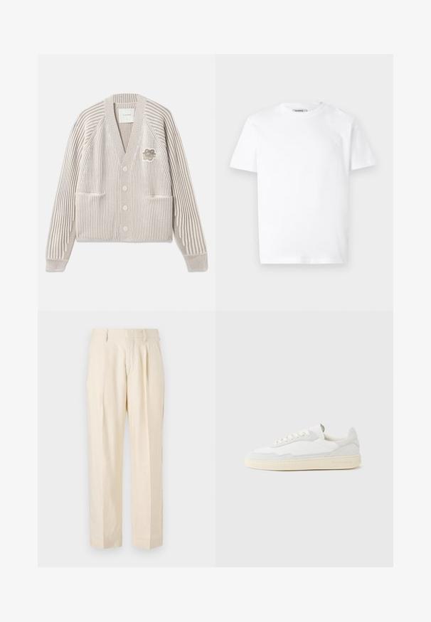 Beige og hvid stribet strikcardigan med lange ærmer, frontknapper, to lommer og en lille blomsterapplikation på brystet.; Hvid bomulds T-shirt med rund hals og korte ærmer. Har et lille, præget logo på venstre bryst. Glat tekstur.; NN.07 KAY - Bukser - off white; Hvid sneakers med en øvre del i tekstureret ruskind og læder. Har rundet tå, snørelukning og kontrasterende beige gummisål.