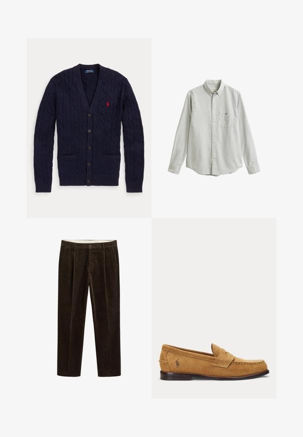 Marineblauer Zopfmuster-Cardigan mit V-Ausschnitt, fünf Knöpfen, zwei Fronttaschen und rotem Polo Ralph Lauren Logo auf der Brust.; Langärmliges Hemd mit Knopfleiste, hellgrauen und weißen vertikalen Streifen, Kragen, Brusttasche und geknöpften Manschetten.; Dunkelbraune Cordhosen mit Fronttaschen, Gürtelschlaufen und Knopfverschluss auf einfarbigem Hintergrund.; Hellbrauner Veloursleder-Slipper mit genähten Details und kleinem besticktem Pferde-Logo an der Seite, mit niedrigem Holzabsatz und Schlupf-Design.