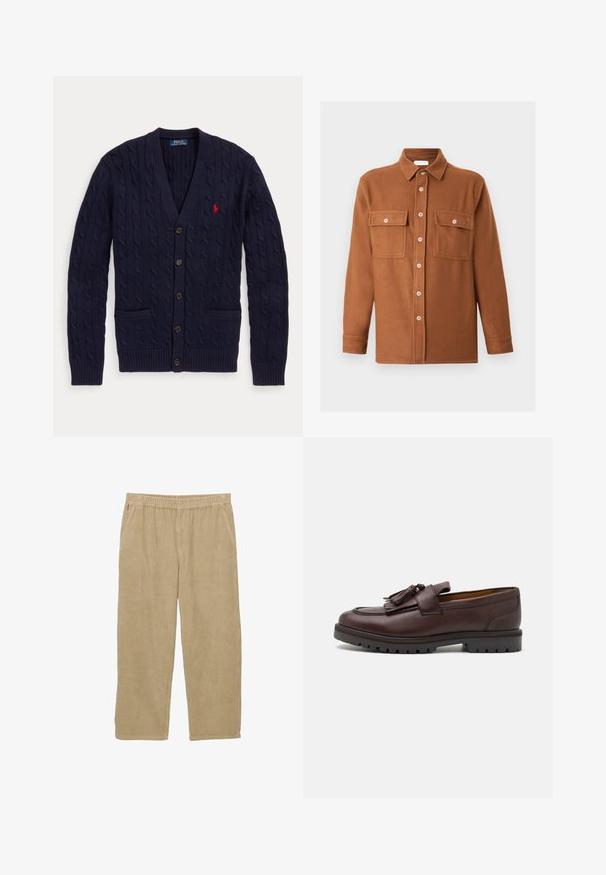 Tummansininen kaapelikuvioinen neuletakki V-pääntiellä, viidellä napilla, kahdella etutaskulla ja punaisella kirjotulla Polo Ralph Lauren -logolla rinnassa.; Ruskea pitkähihainen nappikiinnitteinen paitatakki, jossa on kaksi suurta rintataskua nappeineen ja klassinen kaulus, yksivärisellä taustalla.; Beige corduroy-housut, joissa on leveät lahkeet, joustava vyötärö ja kaksi sivutaskua. Ominaisuutena pystysuuntainen ribitetty rakenne.; Zign Puvunkengät - brown