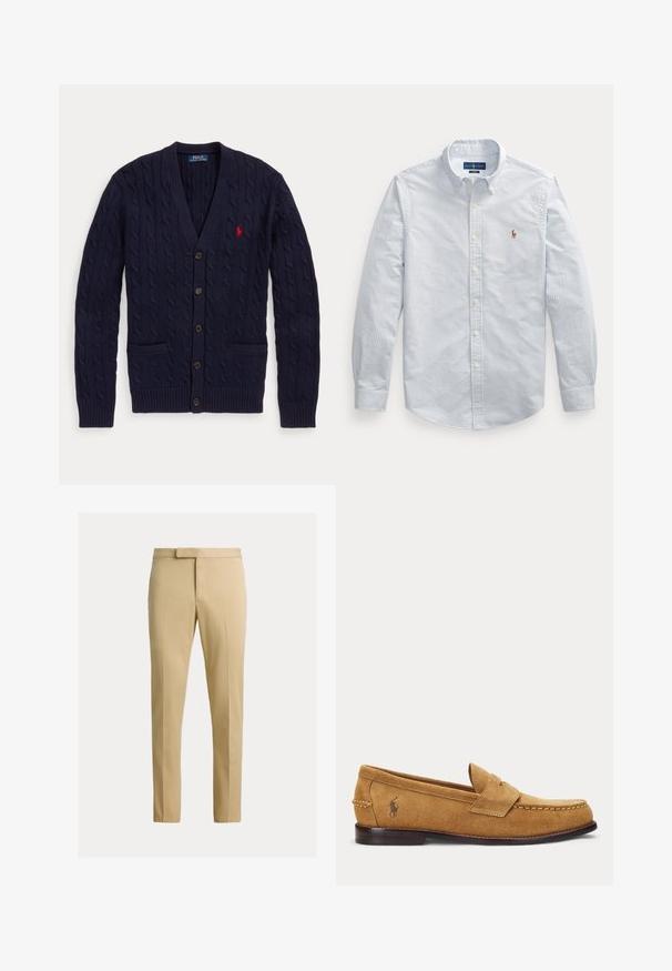 Tmavomodrý pletený kardigán s výstrihom do V, s piatimi gombíkmi, dvoma prednými vreckami a červeným vyšívaným logom Polo Ralph Lauren na hrudi.; Košeľa s dlhým rukávom na zapínanie na gombíky s tenkými modrými a bielymi vertikálnymi pruhmi a malým vyšívaným logom na hrudi.; Béžové nohavice slim fit s predným záhybom, pútkami na opasok a skrytým predným zapínaním na jednofarebnom svetlom pozadí.; Semišový mokasín v béžovej farbe s prešitými detailmi a malým vyšitým logom koňa na boku, s nízkym dreveným podpätkom a slip-on dizajnom.