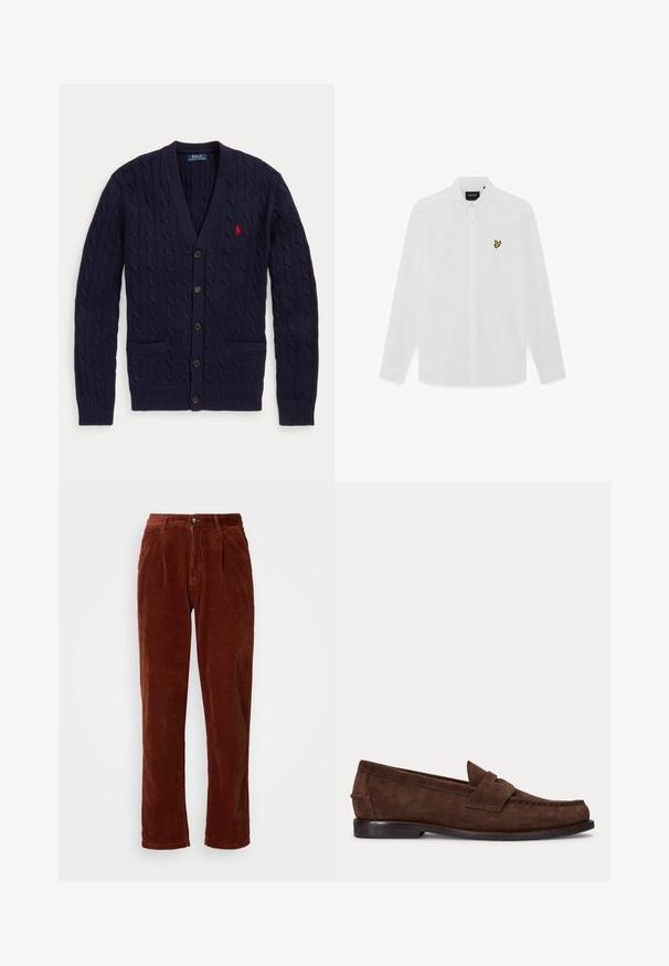 Tumesinine kaablikootud kardigan V-kaelusega, viie nupu, kahe eesmise tasku ja punase tikkpildiga Polo Ralph Lauren logoga rinnal.; Valge pika varrukaga nööbitav särk voltkaelusega ja väike kollane linnu logo vasakul rinnaküljel.; Kohvri värvi korduro püksid; esiküljel on volt ja sirged sääred, ning vööl on nupuga sulgemine.; Pruun seemisnahast penny loafer madala kandaga ja nähtavate õmblustega varba, külje ja selja ümber, kuvatud ühtlasel heledal taustal.