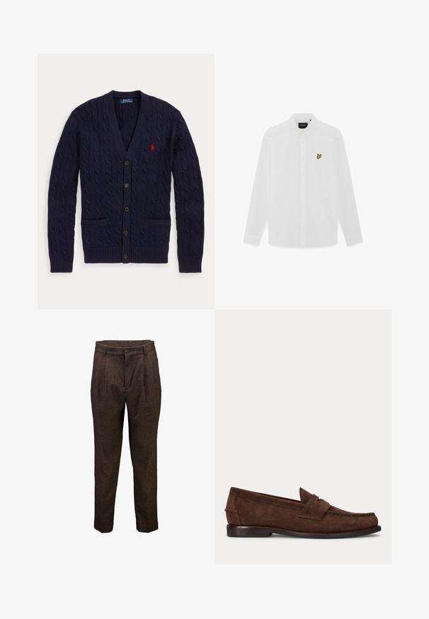 Marineblauer Zopfmuster-Cardigan mit V-Ausschnitt, fünf Knöpfen, zwei Fronttaschen und rotem Polo Ralph Lauren Logo auf der Brust.; Weißes, langärmeliges Hemd mit Knopfleiste, umgeklapptem Kragen und kleinem gelbem Vogel-Logo auf der linken Brustseite.; Braune Herrenwollhose mit vorderen Falten, Knopfverschluss und Gürtelschlaufen, gezeigt vor weißem Hintergrund.; Brauner Wildleder-Pennyloafer mit niedrigem Absatz und sichtbarer Naht an Zehen-, Seiten- und Rückbereich, dargestellt auf hellem, einfarbigem Hintergrund.