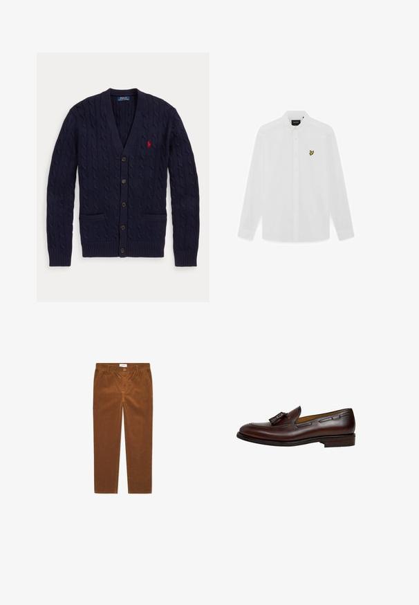 Tmavomodrý pletený kardigán s výstrihom do V, s piatimi gombíkmi, dvoma prednými vreckami a červeným vyšívaným logom Polo Ralph Lauren na hrudi.; Biela košeľa s dlhým rukávom na gombíky, s preloženým golierom a malým žltým logom vtáka na ľavej strane hrude.; Hnedé kordové nohavice s rovnýmm strihom, s prednými vreckami, zapínaním na gombík a vertikálnym pruhovaným vzorom.; Tmavohnedý kožený mokasín s strapcom, nízkym podpätkom a prešitými detailmi pozdĺž strán a vrchu, zobrazený z vonkajšieho bočného profilu.