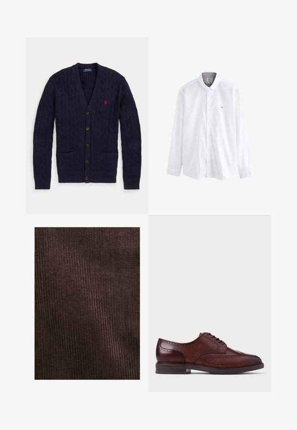 Marineblauwe kabelgebreide cardigan met V-hals, vijf knopen, twee voorzakken en rood geborduurd Polo Ralph Lauren-logo op de borst.; Wit overhemd met knoopsluiting en een gestructureerde kraag, met een contrasterend ruitpatroon aan de binnenkant van de kraag en een klein geborduurd embleem op de borst.; Bruin corduroy stof met verticale ribbels, zachte textuur en een diepe, rijke kleur, geschikt voor bekleding of kleding.; Bruine leren brogue schoenen met veters, voorzien van een wingtip ontwerp, geperforeerde details en een donkere zool, weergegeven in zijprofiel op een witte achtergrond.