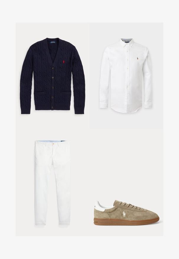 Tmavomodrý pletený kardigán s výstrihom do V, s piatimi gombíkmi, dvoma prednými vreckami a červeným vyšívaným logom Polo Ralph Lauren na hrudi.; Biela košeľa s dlhými rukávmi na gombíky, golierom na gombíky a malým vyšívaným logom na ľavom prsníku.; Biele bavlnené chino nohavice s úzkym strihom, so zlatým jedným gombíkom na zapínanie a svetlomodrým vnútorným pásom. Hladká textúra bez vzorov.; Nízkoprofilová béžová semišová teniska s hnedou podrážkou, bielym detailom na päte, šnúrkami a bielym vyšívaným logom hráča póla na boku.