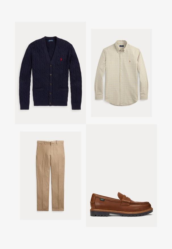 Tumesinine kaablikootud kardigan V-kaelusega, viie nupu, kahe eesmise tasku ja punase tikkpildiga Polo Ralph Lauren logoga rinnal.; Pika varrukaga beeži ja valge ruuduline nööpidega särk, nööpidega kraega ja väikese tikitud logoga rinnal.; Beežid sirge lõikega linased püksid vööaasade, esitaskute ja peidetud eesmise tõmblukuga.; Pruun nahast loafer õmmeldud detailidega, vastupidava musta tallaga ja väikese "Polo" sildiga küljel.