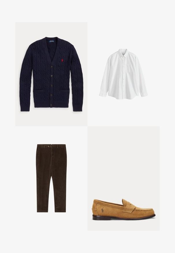 Tmavomodrý pletený kardigán s výstrihom do V, s piatimi gombíkmi, dvoma prednými vreckami a červeným vyšívaným logom Polo Ralph Lauren na hrudi.; Biela košeľa s dlhým rukávom na gombíky, s golierom a náprsným vreckom, zobrazená na bielom pozadí.; Hnedé kordové nohavice so strižným strihom, vybavené gombíkovým zapínaním, bočnými vreckami a hladkou štruktúrou.; Semišový mokasín v béžovej farbe s prešitými detailmi a malým vyšitým logom koňa na boku, s nízkym dreveným podpätkom a slip-on dizajnom.