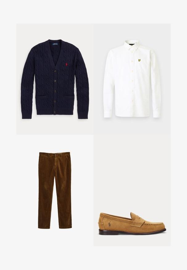 Tumesinine kaablikootud kardigan V-kaelusega, viie nupu, kahe eesmise tasku ja punase tikkpildiga Polo Ralph Lauren logoga rinnal.; Valge pika varrukaga puuvillane särk nööbiga kraega, millel on rinna tasku ja väike kollane logo vasakul küljel.; Pruunid korgitootsud sirge sääre disainiga, ees nupulukuga ja kahe küljetaskuga. Tekstureeritud kangas ribadega mustriga.; Pruun sametpinnaga loafer õmmeldud detailide ja väikese tikitud hobuse logoga küljel, madala puidust kontsaga ja libistatava disainiga.