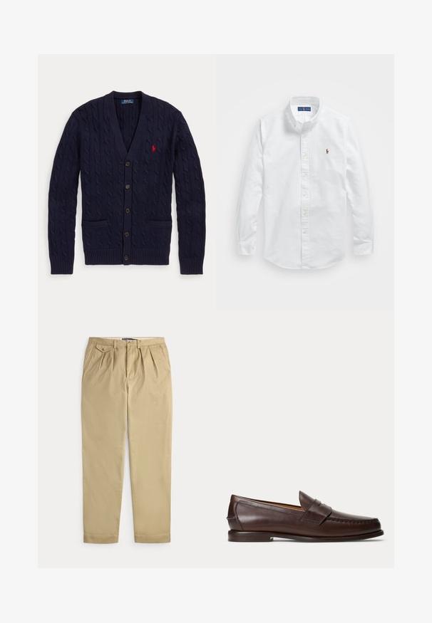 Tmavomodrý pletený kardigán s výstrihom do V, s piatimi gombíkmi, dvoma prednými vreckami a červeným vyšívaným logom Polo Ralph Lauren na hrudi.; Biela bavlnená košeľa na gombíky s klasickým golierom, dlhými rukávmi a malým vyšitým logom na ľavej hrudi.; Béžové plisované nohavice s bočnými vreckami, malým zapínacím vreckom na mince na pravej strane, pútky na opasok a predným zapínaním na gombík a zips.; Tmavohnedý kožený penny loafer s detailmi šitia a nízkym stohovaným podpätkom, zobrazený z boku na jednoduchom pozadí.