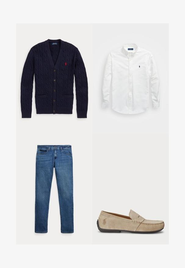 Tumesinine kaablikootud kardigan V-kaelusega, viie nupu, kahe eesmise tasku ja punase tikkpildiga Polo Ralph Lauren logoga rinnal.; Valge puuvillane särk, millel on nokk-krae, pikad varrukad ja väike tumesinine logo rinnal. Sile pind.; Sinised teksapüksid kitsas lõikes, esitaskutega, vööaugudega ja nööpidega sulgemiseks, valgel taustal.; Bež sueded loafers, mille õmblustega detailide, lame kummitald ja väike logo küljel. Klassikaline libisev disain, pehme tekstuur.