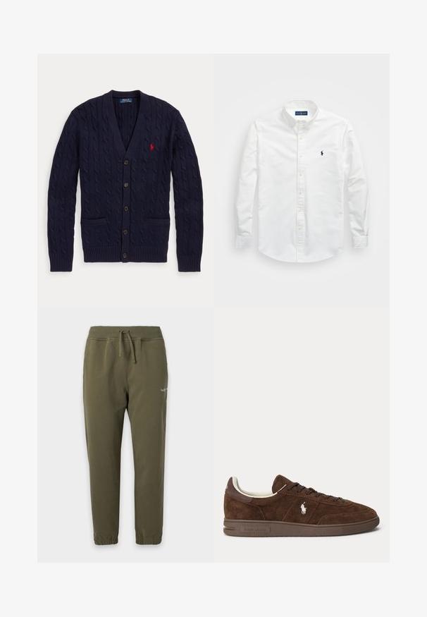 Marineblauer Zopfmuster-Cardigan mit V-Ausschnitt, fünf Knöpfen, zwei Fronttaschen und rotem Polo Ralph Lauren Logo auf der Brust.; Weißes Button-Down-Hemd aus Baumwolle. Verfügt über einen spitzen Kragen, lange Ärmel und ein kleines marineblaues Logo auf der Brust. Glatte Textur.; Olivgrüne Jogginghose mit elastischem Bund und Bündchen, Kordelzug und kleinem weißem Logo am oberen Oberschenkel.; Brauner Wildleder-Low-Top-Sneaker mit dunkelbrauner Sohle, Schnürsenkeln und weißem besticktem Polo-Logo an der Seite.
