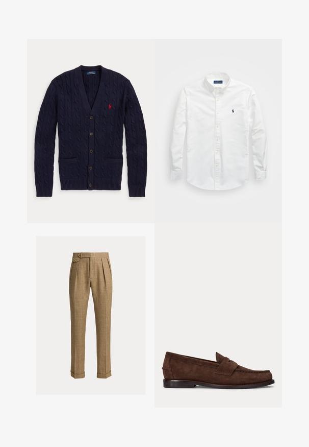 Tmavomodrý pletený kardigán s výstrihom do V, s piatimi gombíkmi, dvoma prednými vreckami a červeným vyšívaným logom Polo Ralph Lauren na hrudi.; Biela košeľa na gombíky vyrobená z bavlny. Má špicatý golier, dlhé rukávy a malú námornícku nášivku na hrudi. Hladká textúra.; Hnedé kárované nohavice s vysokým pásom, záhybmi, bočnými vreckami, zapínaným bočným remienkom, manžetami a upravenými rovnými nohavicami.; Hnedý semišový penny loafer s nízkym opätkom a viditeľným prešitím pozdĺž špičky, bokov a zadnej časti, zobrazený na jednolivom svetlom pozadí.