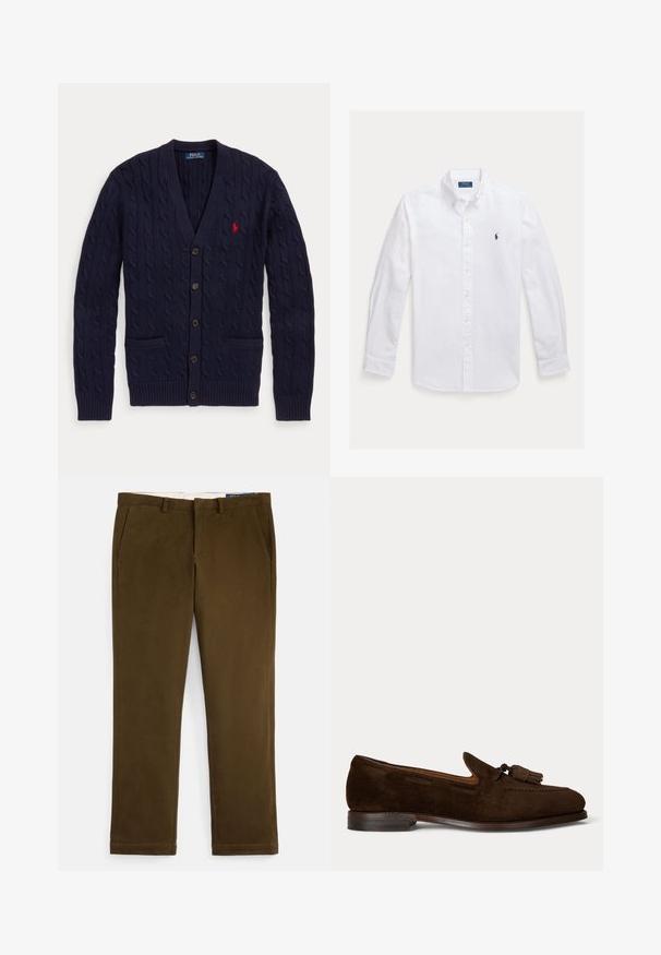 Tumesinine kaablikootud kardigan V-kaelusega, viie nupu, kahe eesmise tasku ja punase tikkpildiga Polo Ralph Lauren logoga rinnal.; Valge pikkade varrukatega trukkidega särk terava kraega, millel on vasakul rinnal väike tumesinine logo ja kollased trukid. Sile kangatekstuur.; Pruunid puuvillast chinos-püksid, millel on sile viimistlus, lame eesmine pool, küljetaskud ja sirged sääred. Hõlpsasti nähtav õmblusdetail äärejoonel.; Tumepruun meeste mokassiin seemisnahast, tutidega ja madala kihilise kontsaga, helel ühevärvilisel taustal.