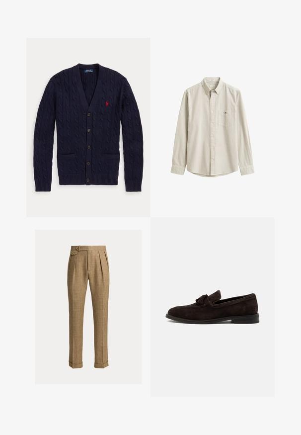 Tmavomodrý pletený kardigán s výstrihom do V, s piatimi gombíkmi, dvoma prednými vreckami a červeným vyšívaným logom Polo Ralph Lauren na hrudi.; Béžová a biela košeľa s vertikálnymi pruhmi, s dlhým rukávom, golierom a vreckom na hrudi, vystavená naplocho bez osoby.; Hnedé kárované nohavice s vysokým pásom, záhybmi, bočnými vreckami, zapínaným bočným remienkom, manžetami a upravenými rovnými nohavicami.; Tmavohnedý pánsky mokasín zo semišu s strapcami, prešívanými detailmi a nízkym podpätkom, zobrazený z profilu na jednofarebnom pozadí.